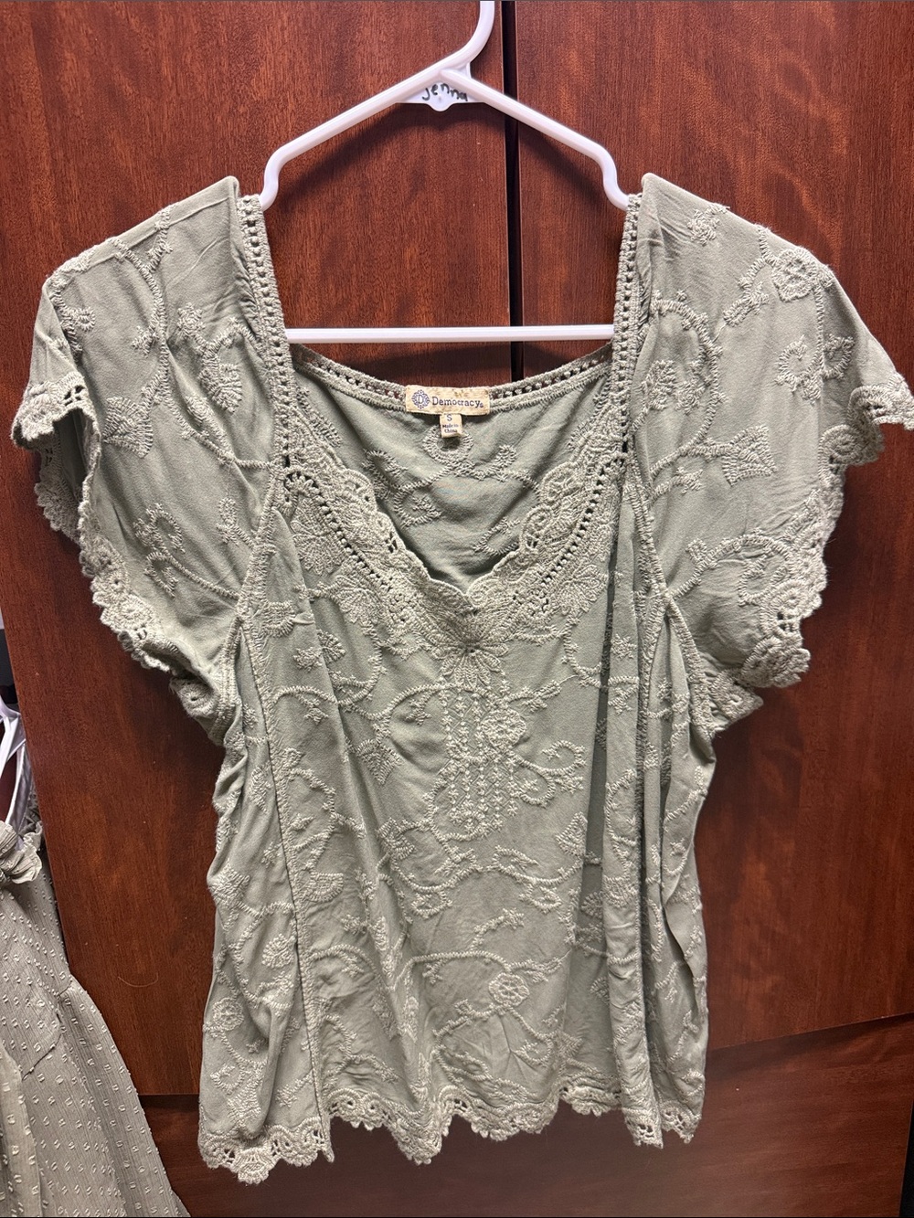 Democracy Sage Green Embroidered V-Neck Boho Top